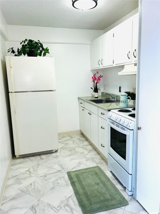 837 Kapahulu Ave Unit 302, Honolulu, HI 96816 - kitchen with white appliances, custom exhaust hood, light marble finish floors, white cabinets, and light countertops