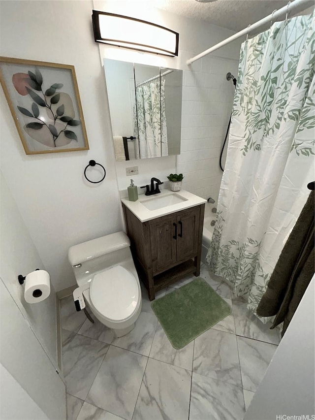 837 Kapahulu Ave Unit 302, Honolulu, HI 96816 - bathroom with marble finish floors, shower / tub combo with curtain, vanity, and a textured ceiling
