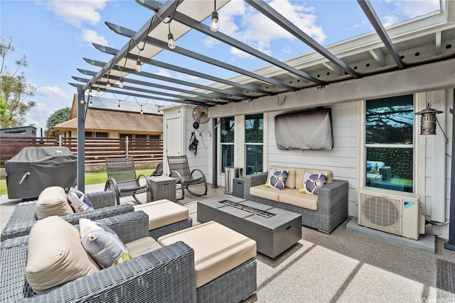 view of patio featuring an outdoor living space with a fire pit, a grill, a pergola, fence, and ac unit