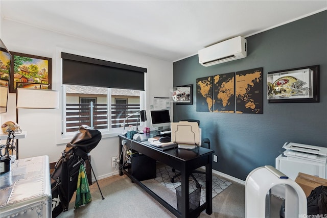 office featuring a wall mounted AC, carpet flooring, and baseboards