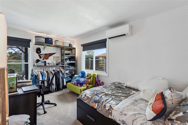 bedroom featuring a wall mounted air conditioner, carpet flooring, and multiple windows