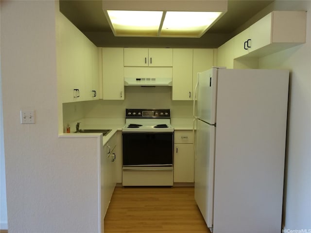432 Mananai Pl Unit 18C, Honolulu, HI 96818 - kitchen featuring white appliances, light countertops, under cabinet range hood, a sink, and light wood-style flooring