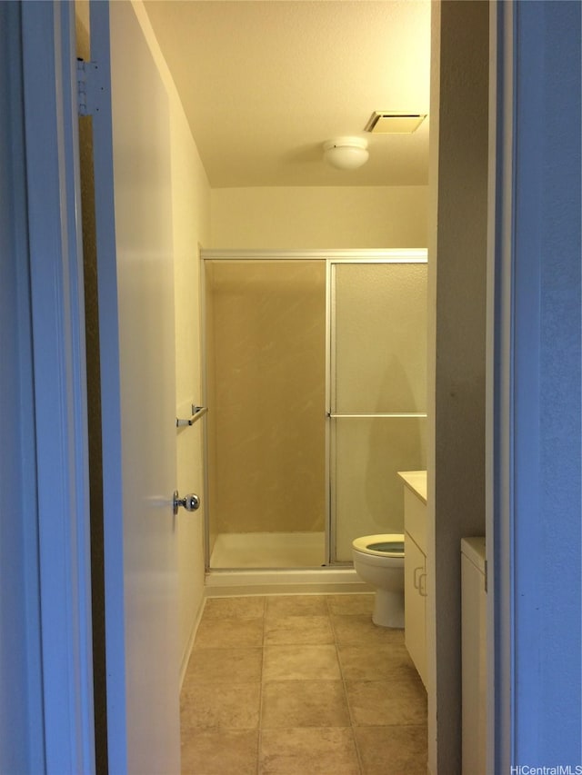 432 Mananai Pl Unit 18C, Honolulu, HI 96818 - bathroom featuring visible vents, tile patterned flooring, a stall shower, vanity, and toilet
