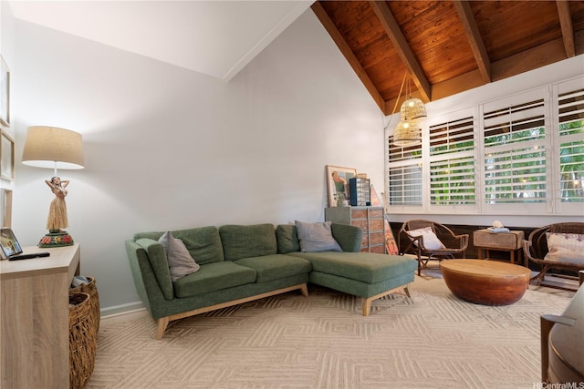 living area with wood ceiling, baseboards, beam ceiling, and high vaulted ceiling