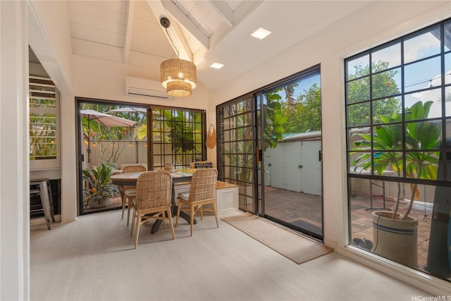 6129 Summer St Unit 6129D, Honolulu, HI 96821 - sunroom featuring wood finished floors, a wall mounted air conditioner, beamed ceiling, and high vaulted ceiling