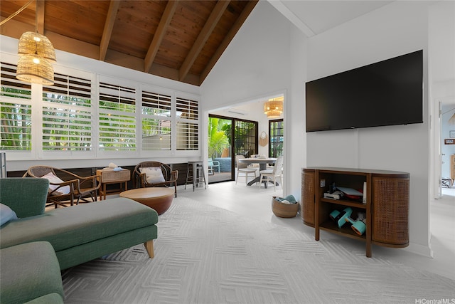 6129 Summer St Unit 6129D, Honolulu, HI 96821 - living area with high vaulted ceiling, beam ceiling, wood ceiling, and carpet flooring