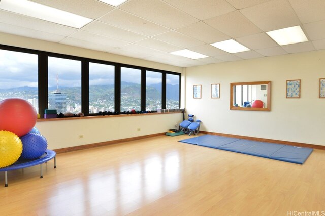 workout room featuring a paneled ceiling, wood finished floors, and plenty of natural light