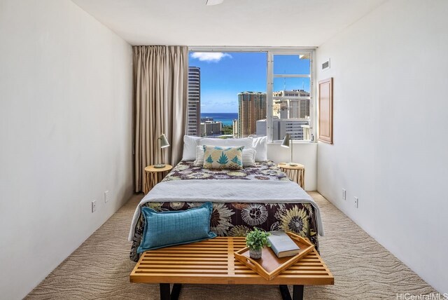 carpeted bedroom with visible vents and a water view