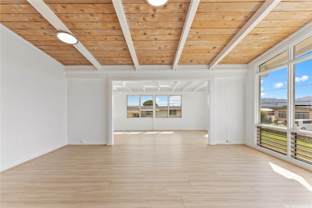 empty room featuring vaulted ceiling with beams, wooden ceiling, and light wood-style flooring