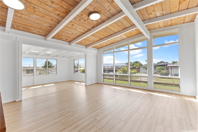 interior space with light wood-type flooring, vaulted ceiling with beams, and wooden ceiling