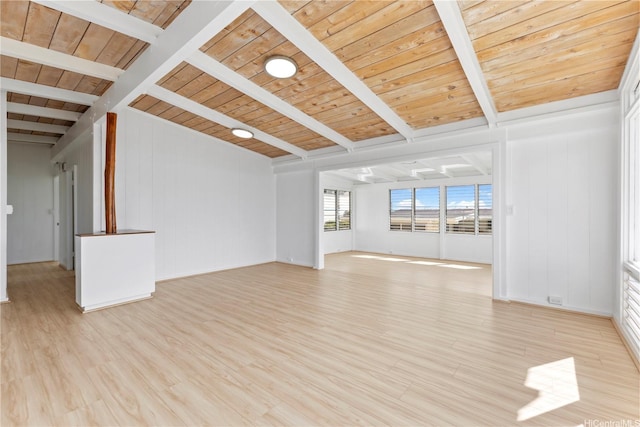 unfurnished living room with light wood-type flooring, beamed ceiling, and wooden ceiling