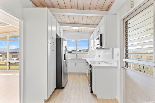 kitchen with a sink, stainless steel appliances, light countertops, white cabinetry, and wood ceiling