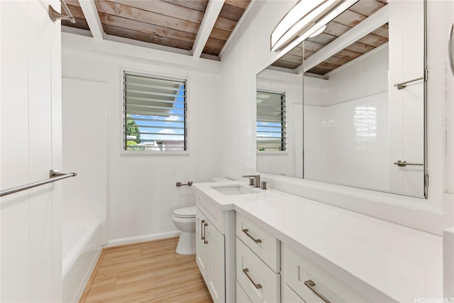bathroom featuring wooden ceiling, vanity, toilet, baseboards, and wood finished floors