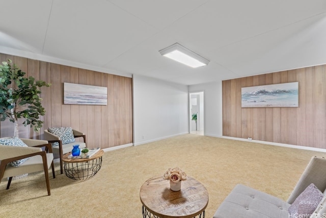 interior space with wooden walls, carpet, and baseboards