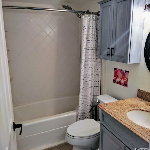 full bathroom featuring toilet, shower / bath combination with curtain, and vanity