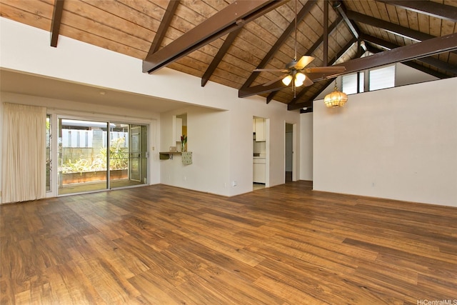 empty room featuring lofted ceiling with beams, ceiling fan, wood finished floors, and wood ceiling