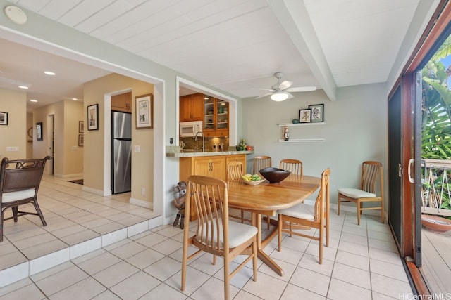 6370 Hawaii Kai Dr Unit 37, Honolulu, HI 96825 - dining space featuring light tile patterned floors, ceiling fan, beamed ceiling, and recessed lighting