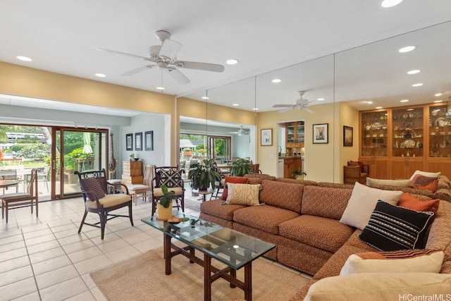 6370 Hawaii Kai Dr Unit 37, Honolulu, HI 96825 - living area with light tile patterned floors, plenty of natural light, a ceiling fan, and recessed lighting