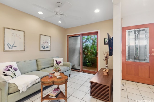 6370 Hawaii Kai Dr Unit 37, Honolulu, HI 96825 - living area featuring light tile patterned flooring, recessed lighting, and ceiling fan