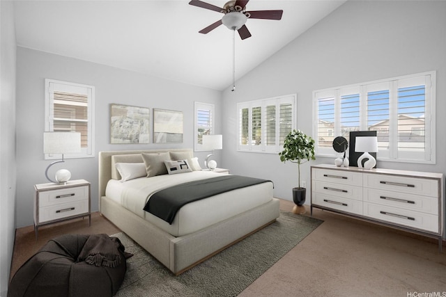 91-2141 Kaiwawalo St, Ewa Beach, HI 96706 - bedroom featuring dark carpet, high vaulted ceiling, and ceiling fan