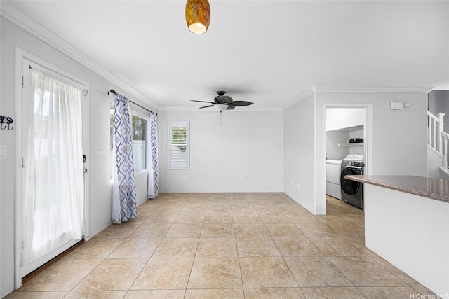 91-2141 Kaiwawalo St, Ewa Beach, HI 96706 - unfurnished room with a ceiling fan, crown molding, washing machine and dryer, light tile patterned floors, and stairway