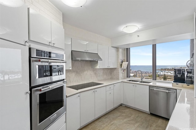kitchen with stainless steel appliances, under cabinet range hood, light countertops, and a sink