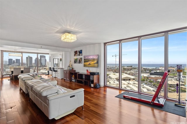 living area featuring a chandelier, wood finished floors, a city view, and floor to ceiling windows