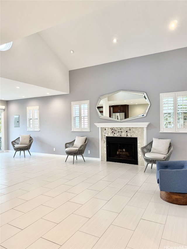 98-1810 Kaahumanu St Unit 3, Pearl City, HI 96782 - living room with high vaulted ceiling, a fireplace, and plenty of natural light