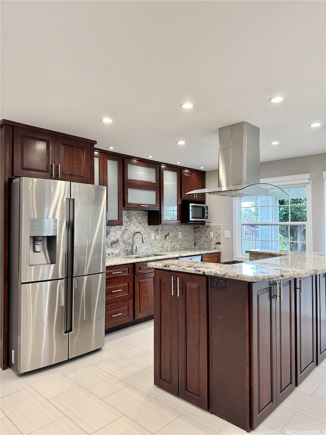 98-1810 Kaahumanu St Unit 3, Pearl City, HI 96782 - kitchen featuring glass insert cabinets, appliances with stainless steel finishes, dark brown cabinets, backsplash, and a sink