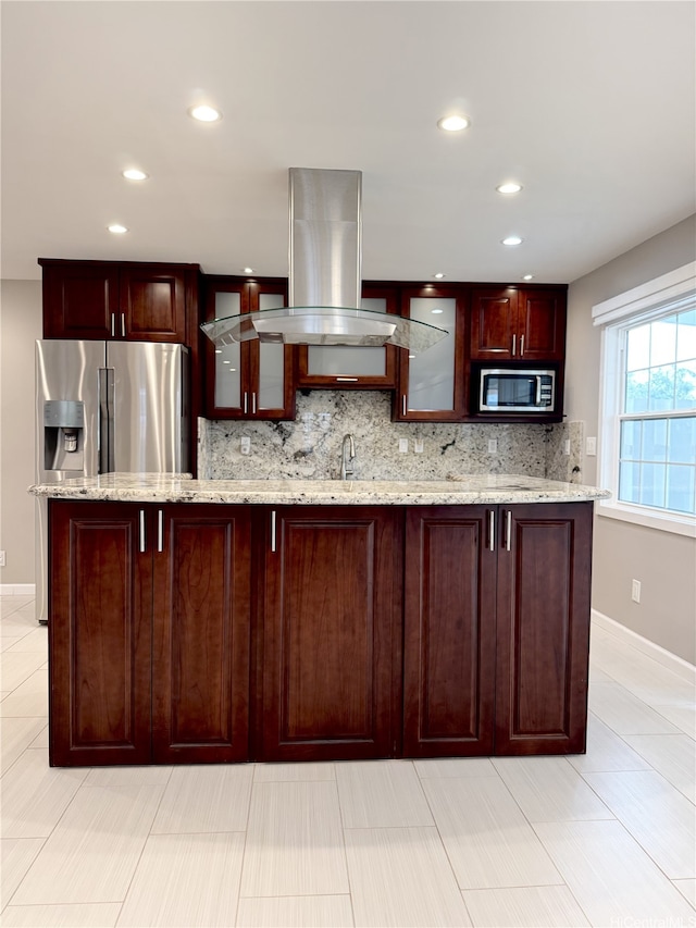 98-1810 Kaahumanu St Unit 3, Pearl City, HI 96782 - kitchen featuring tasteful backsplash, recessed lighting, glass insert cabinets, appliances with stainless steel finishes, and island exhaust hood