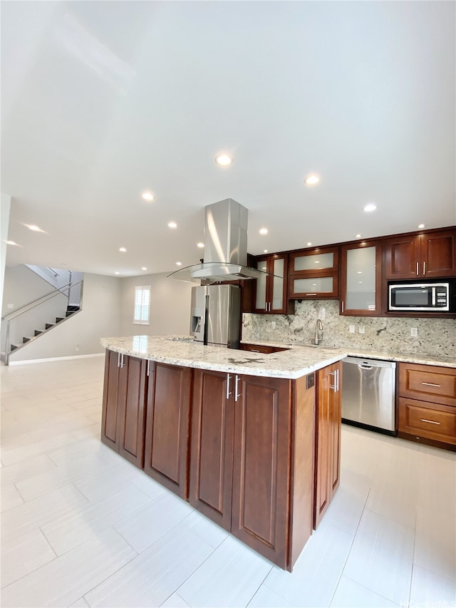 98-1810 Kaahumanu St Unit 3, Pearl City, HI 96782 - kitchen with decorative backsplash, glass insert cabinets, a spacious island, island range hood, and appliances with stainless steel finishes