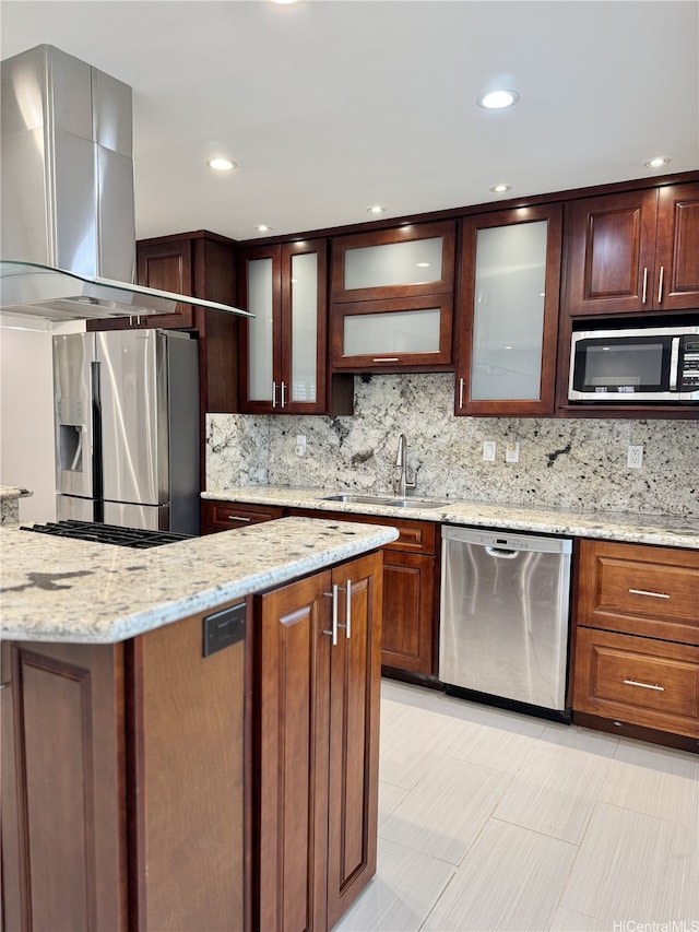 98-1810 Kaahumanu St Unit 3, Pearl City, HI 96782 - kitchen featuring light stone countertops, a sink, tasteful backsplash, wall chimney exhaust hood, and appliances with stainless steel finishes