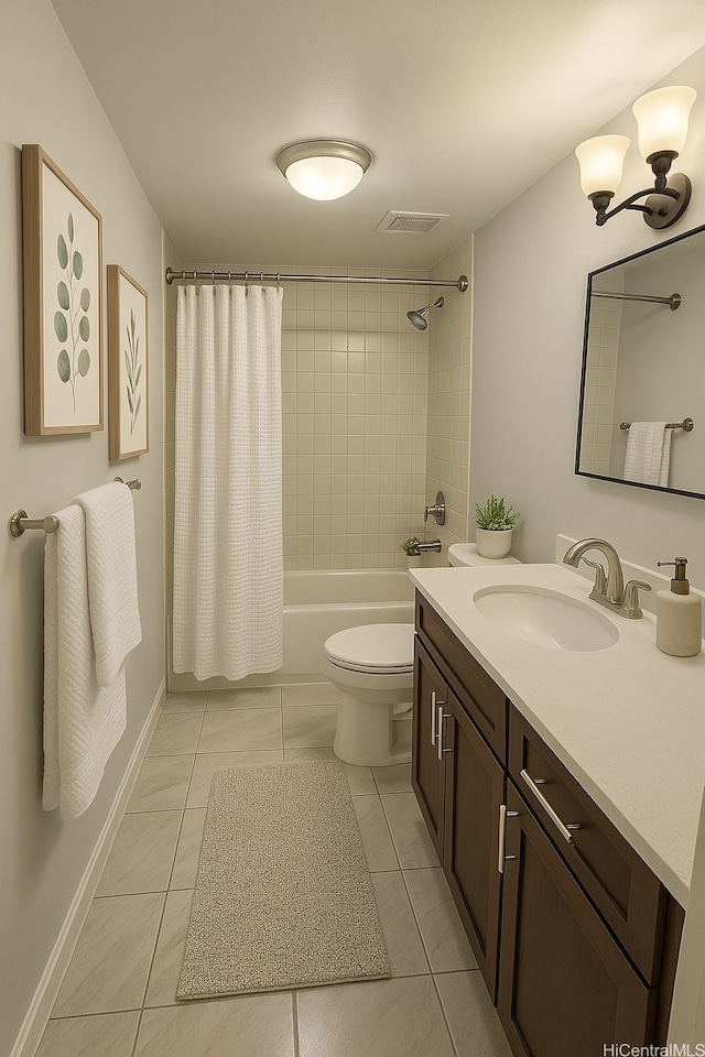 full bathroom featuring shower / bath combo, vanity, toilet, visible vents, and tile patterned flooring