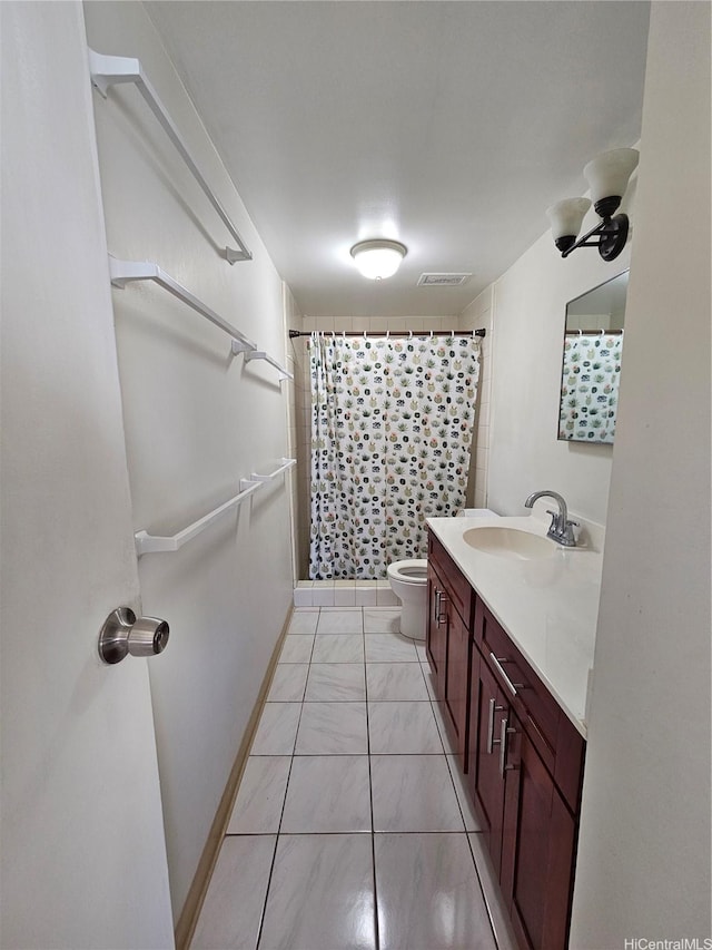 full bath with visible vents, a shower with shower curtain, toilet, vanity, and marble finish floor