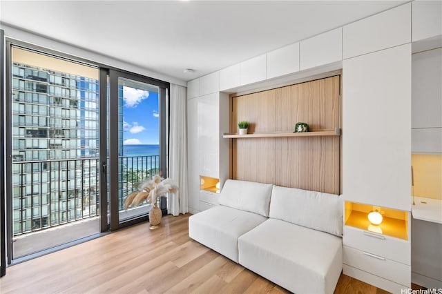 living area featuring a water view and light wood-type flooring
