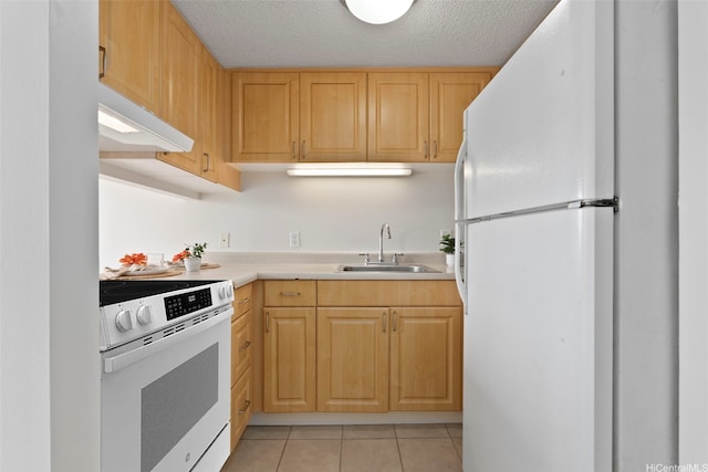 2542 Date St Unit 904, Honolulu, HI 96826 - kitchen featuring a sink, light tile patterned floors, light countertops, under cabinet range hood, and white appliances