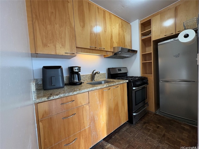 1624 Dole St Unit 303, Honolulu, HI 96822 - kitchen featuring appliances with stainless steel finishes, under cabinet range hood, a sink, open shelves, and light stone counters