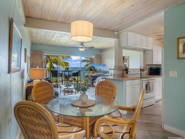 87-561 Farrington Hwy Unit 315, Waianae, HI 96792 - dining area featuring light wood-style floors, a ceiling fan, baseboards, and wooden ceiling
