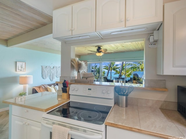 87-561 Farrington Hwy Unit 315, Waianae, HI 96792 - kitchen featuring wooden ceiling, white cabinets, ceiling fan, white range with electric stovetop, and light tile patterned flooring