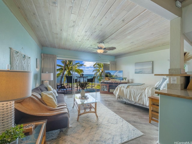 87-561 Farrington Hwy Unit 315, Waianae, HI 96792 - bedroom with ceiling fan, wooden ceiling, access to outside, and wood finished floors