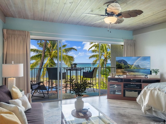 87-561 Farrington Hwy Unit 315, Waianae, HI 96792 - bedroom featuring access to exterior, wooden ceiling, and wood finished floors