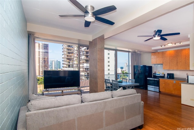 living area featuring a ceiling fan, rail lighting, and wood finished floors