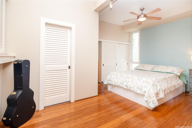 bedroom featuring multiple closets, ceiling fan, and wood finished floors