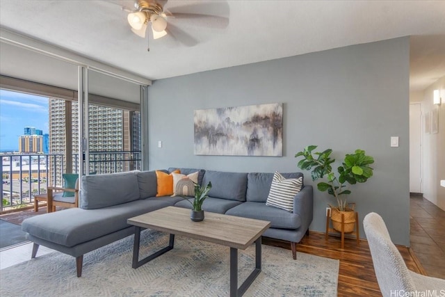 475 Atkinson Dr Unit 1806, Honolulu, HI 96814 - living area featuring a city view, a ceiling fan, and wood finished floors