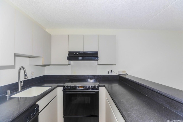 411 Hobron Ln Unit 1710, Honolulu, HI 96813 - kitchen featuring black electric range oven, under cabinet range hood, dishwasher, dark countertops, and a textured ceiling