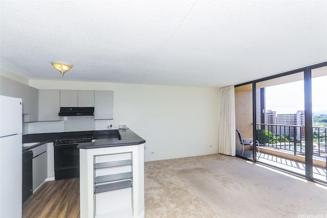 411 Hobron Ln Unit 1710, Honolulu, HI 96813 - kitchen with stove, under cabinet range hood, dark countertops, freestanding refrigerator, and a textured ceiling