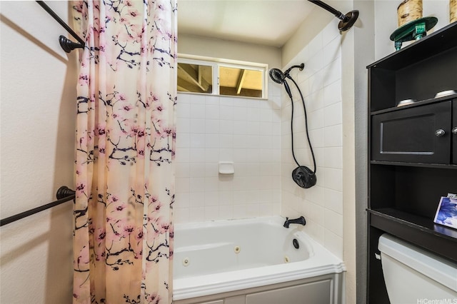 full bathroom with a combined bath / shower with jetted tub and toilet