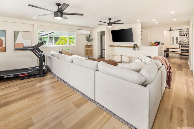 552 Kalolina St, Kailua, HI 96734 - living area featuring recessed lighting, ceiling fan, light wood-type flooring, and a wall mounted air conditioner