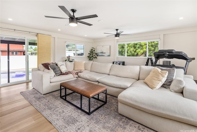 552 Kalolina St, Kailua, HI 96734 - living room featuring recessed lighting, ceiling fan, and light wood-style floors