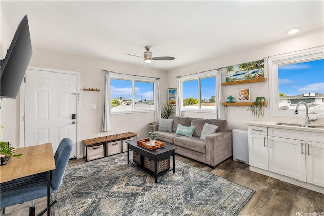 552 Kalolina St, Kailua, HI 96734 - living area with ceiling fan and dark wood-style floors